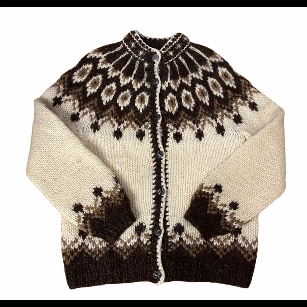 Handknit Icelandic-Style Cream and Brown Wool Sweater Cardigan